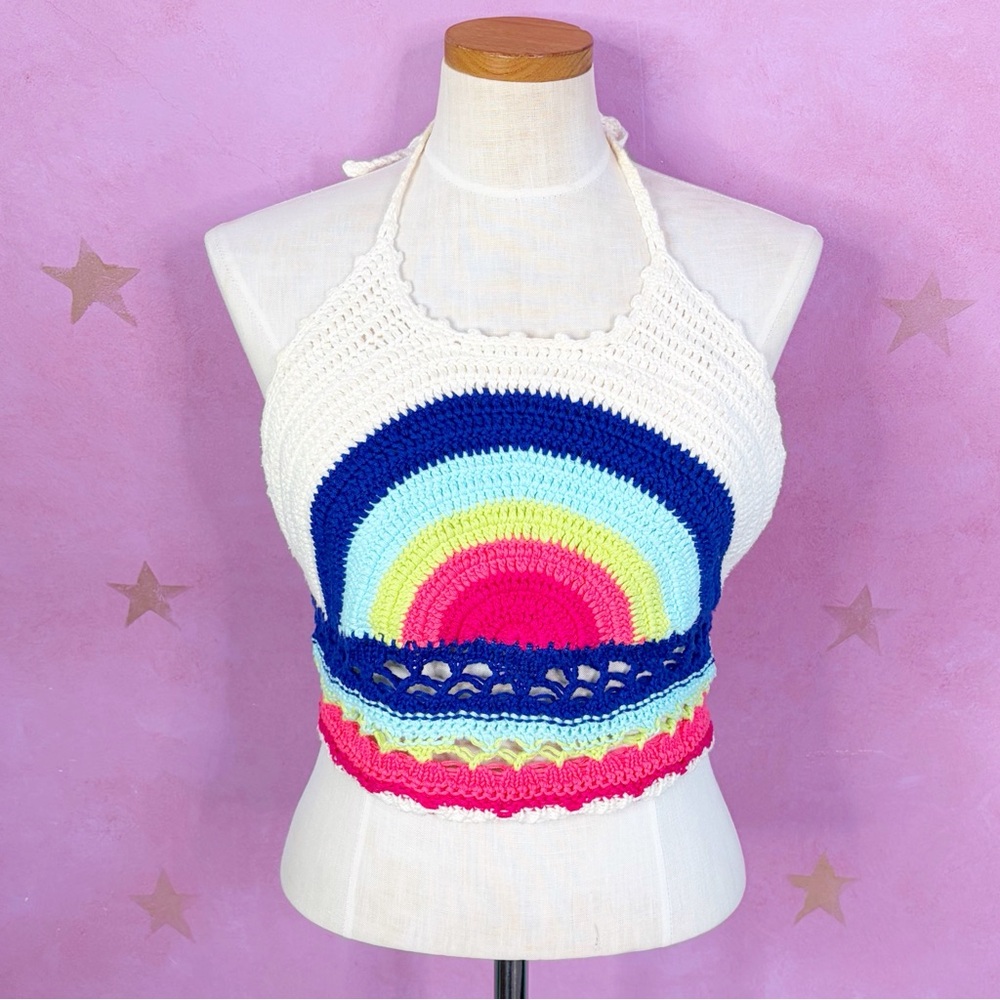 Arizona Crochet Rainbow Halter Top Juniors Size Large Cropped Boho Flirty Beach